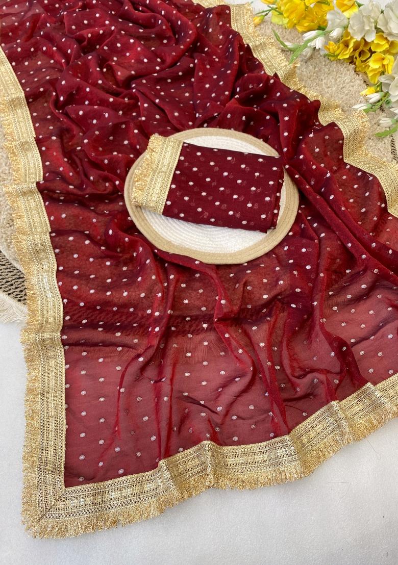 Maroon Zari Work Chiffon Saree Set - Indya