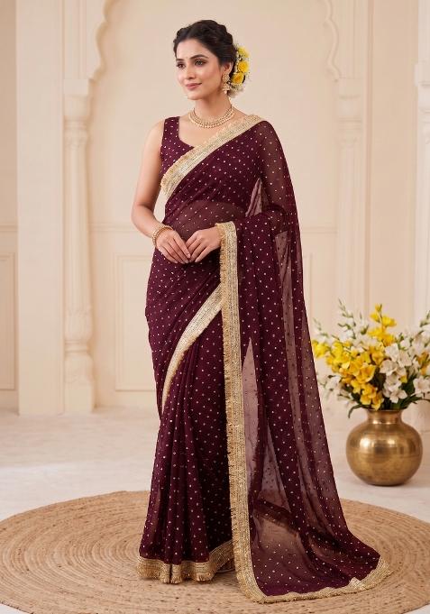 Maroon Zari Work Chiffon Saree Set