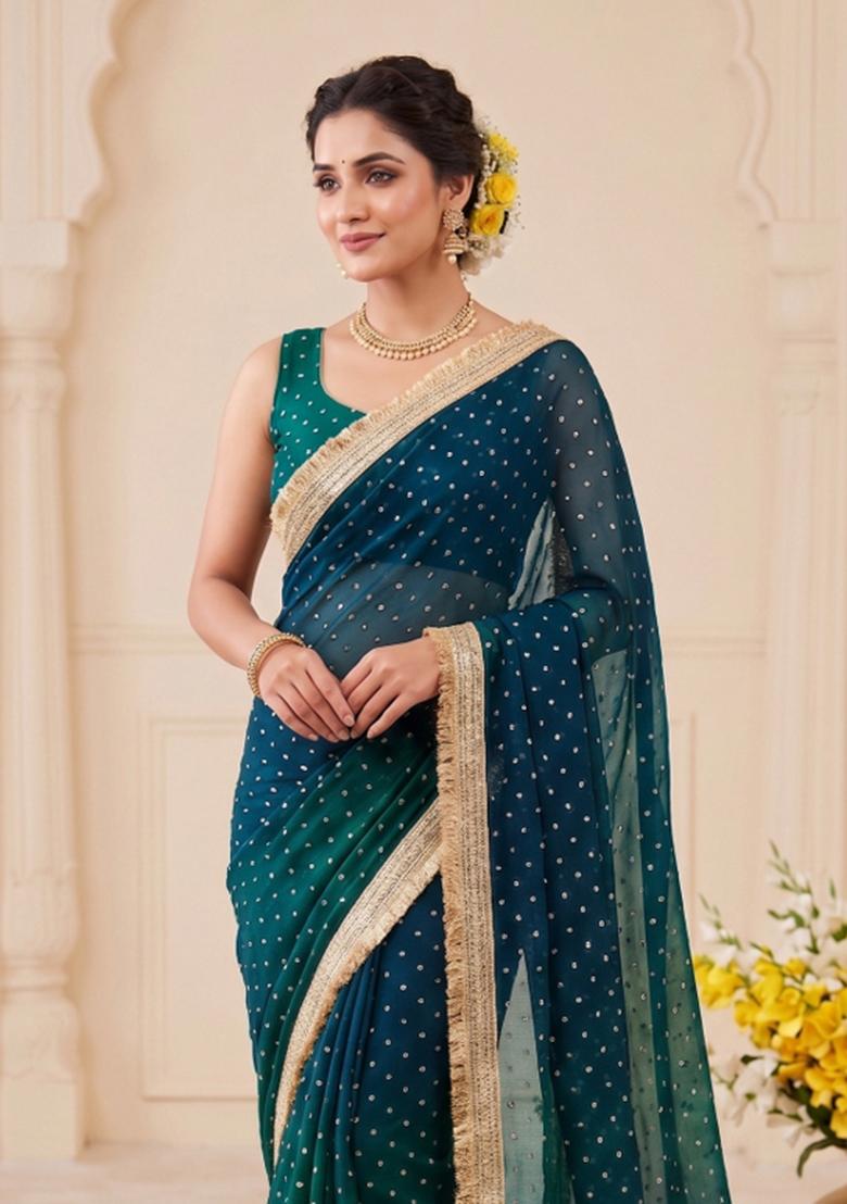 Rama Zari Work Chiffon Saree Set - Indya