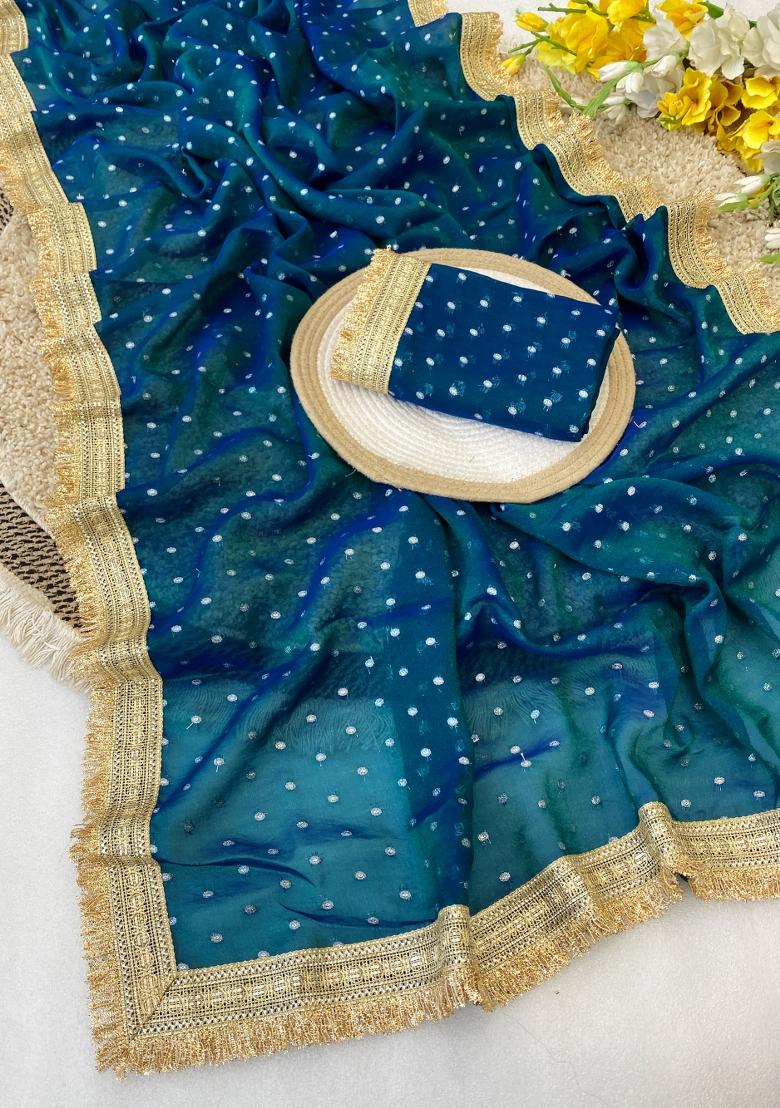 Rama Zari Work Chiffon Saree Set - Indya