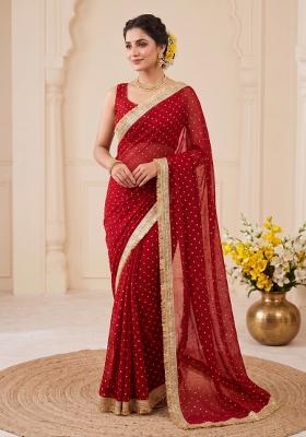 Red Zari Work Chiffon Saree Set