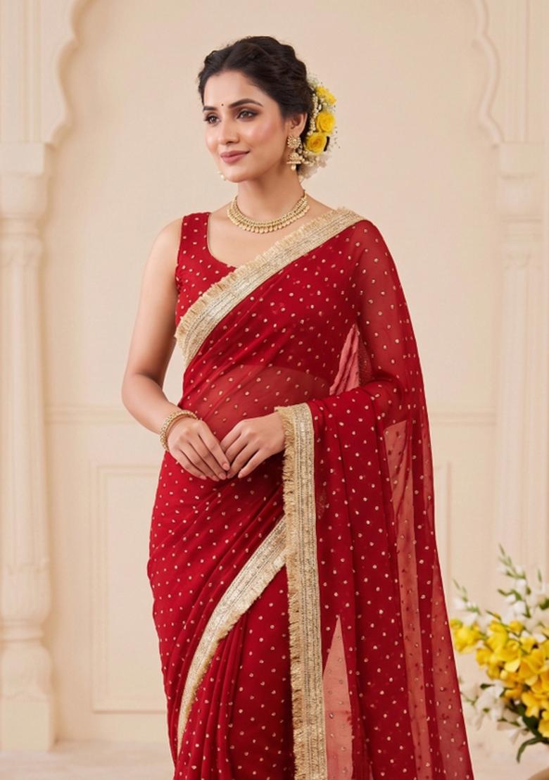 Red Zari Work Chiffon Saree Set - Indya