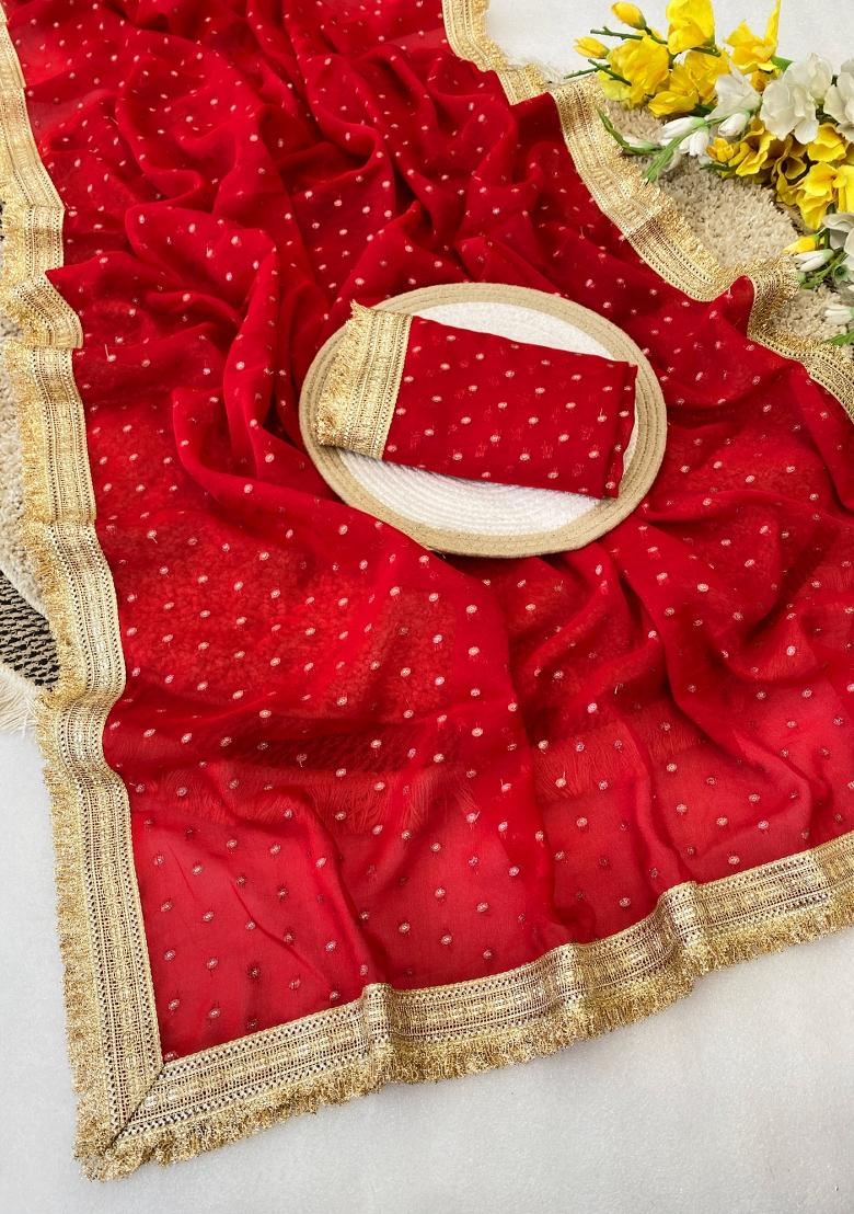 Red Zari Work Chiffon Saree Set - Indya
