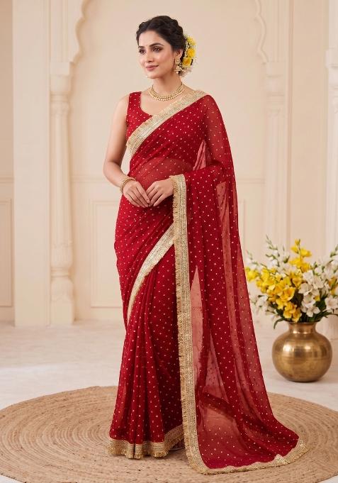 Red Zari Work Chiffon Saree Set