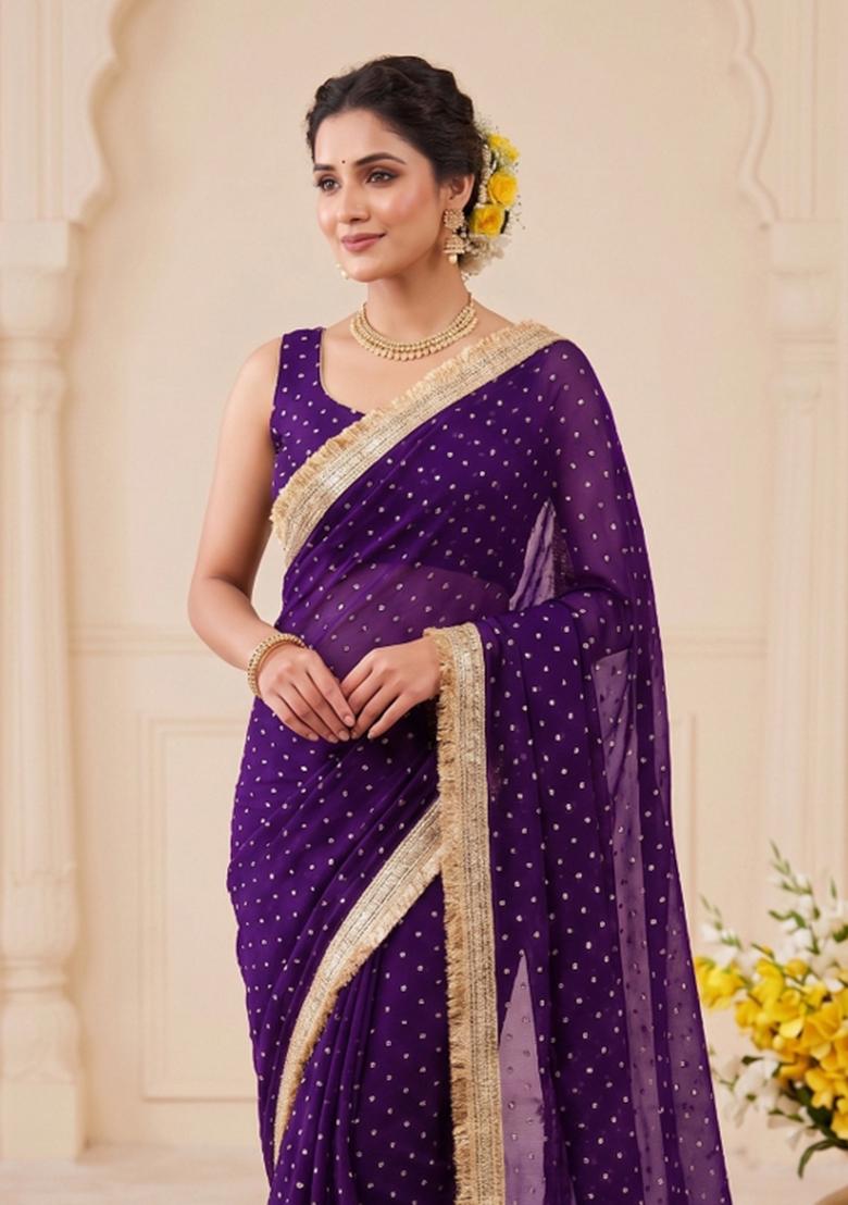 Violet Zari Work Chiffon Saree Set - Indya