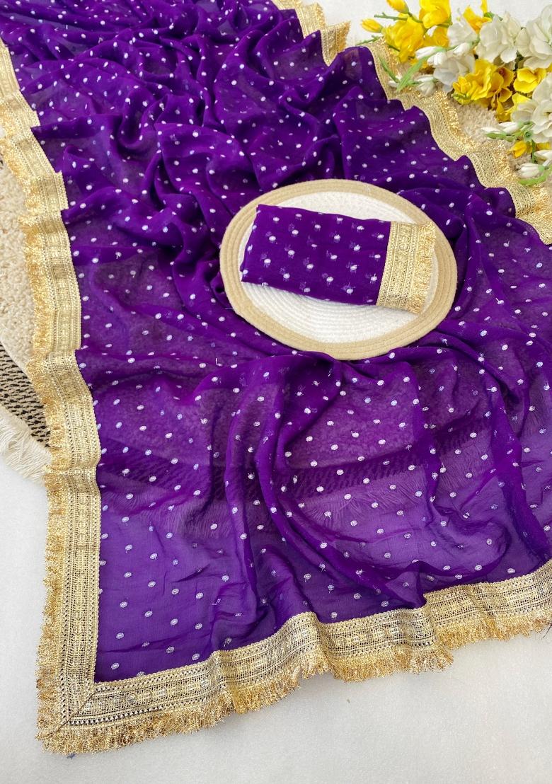 Violet Zari Work Chiffon Saree Set - Indya