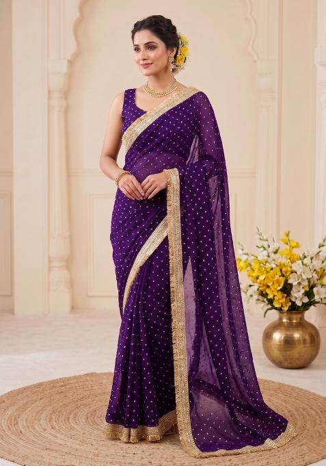 Violet Zari Work Chiffon Saree Set