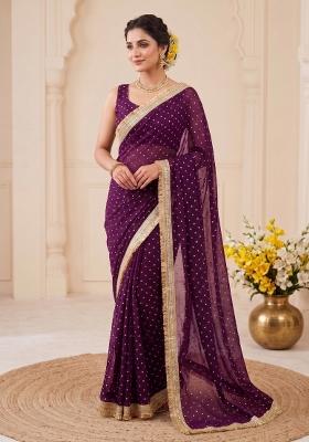 Wine Zari Work Chiffon Saree Set