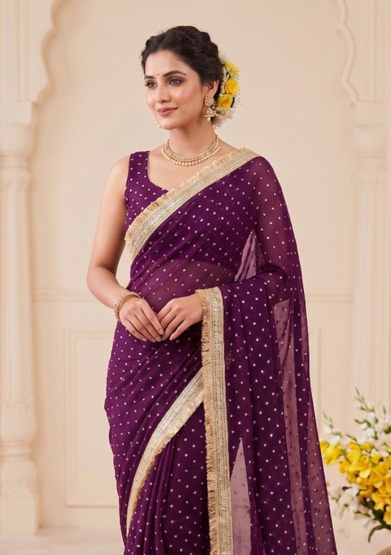 Wine Zari Work Chiffon Saree Set - Indya