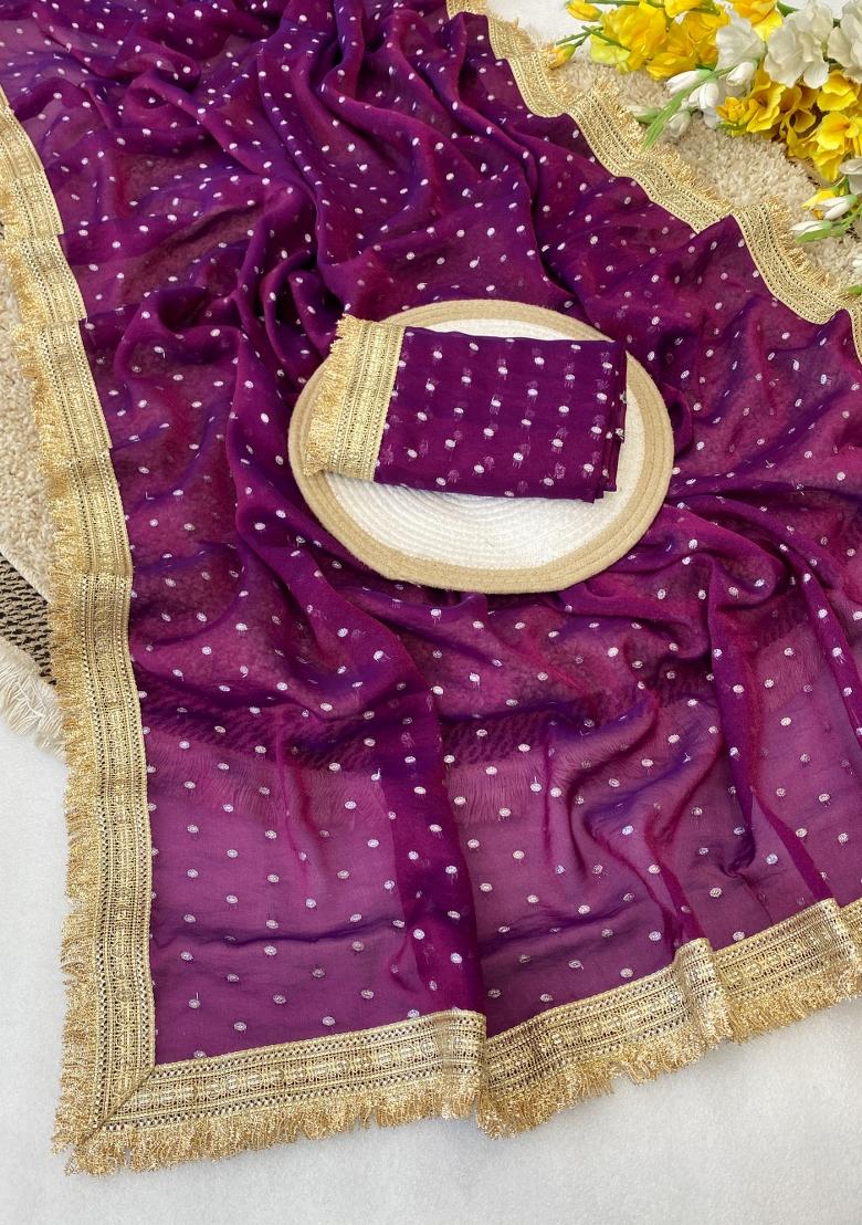 Wine Zari Work Chiffon Saree Set - Indya
