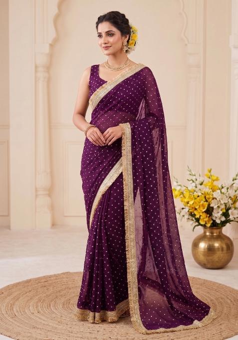 Wine Zari Work Chiffon Saree Set