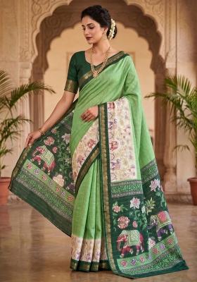 Green Printed Silk Blend Saree Set