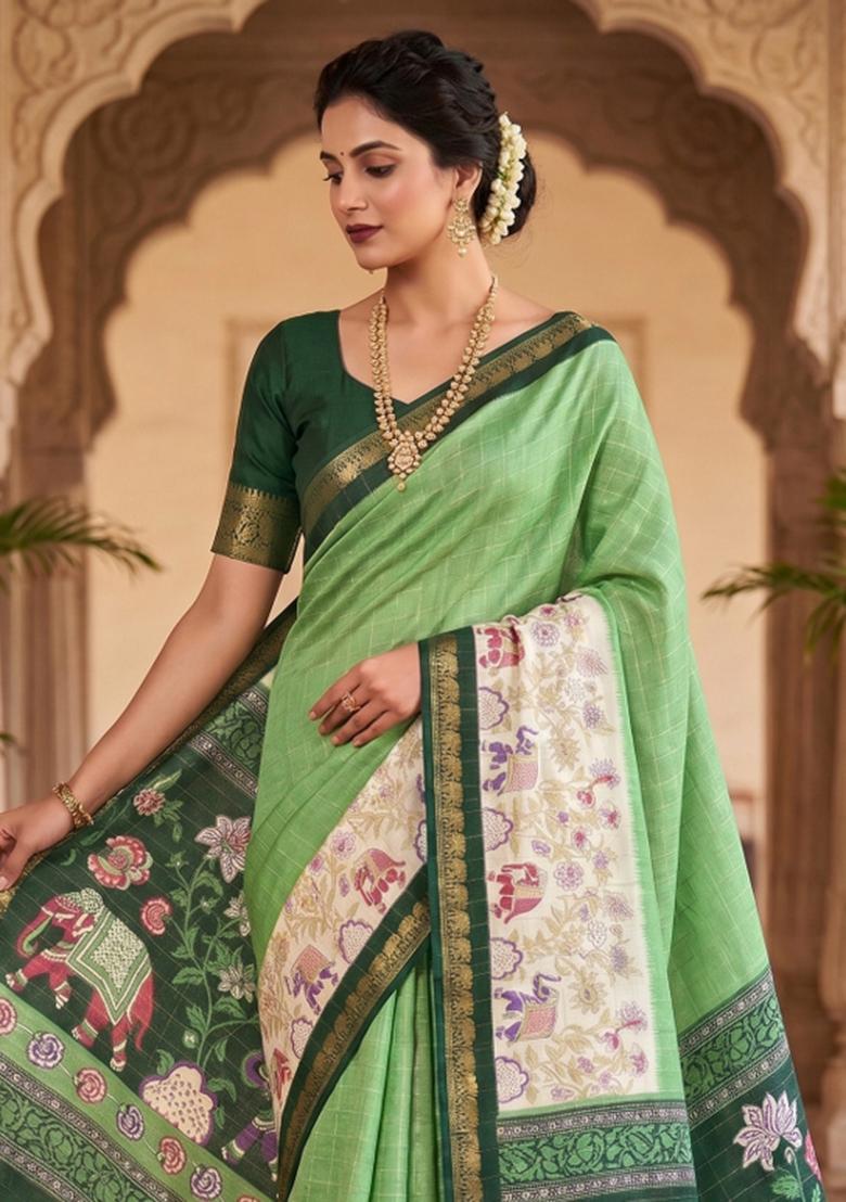 Green Printed Silk Blend Saree Set - Indya