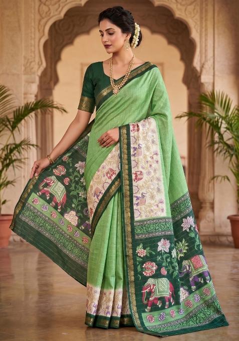 Green Printed Silk Blend Saree Set