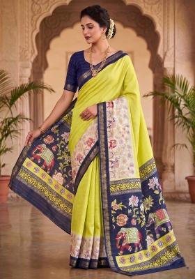 Yellow Printed Silk Blend Saree Set