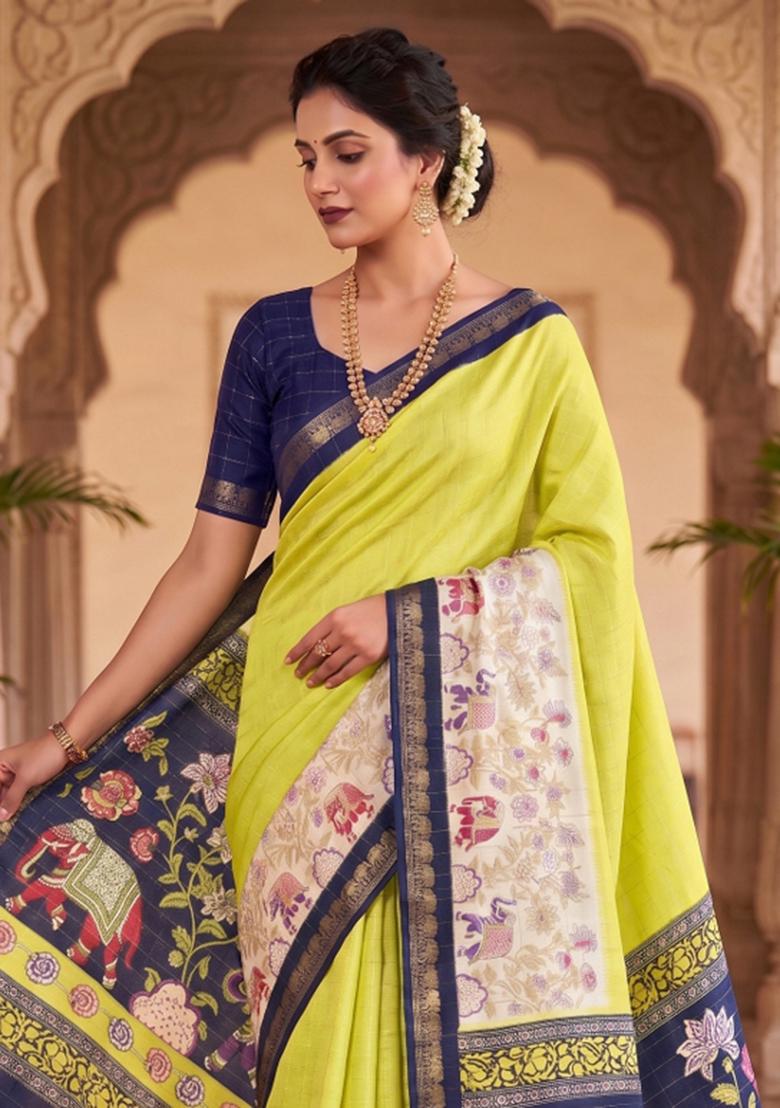 Yellow Printed Silk Blend Saree Set - Indya