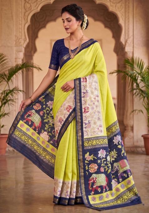 Yellow Printed Silk Blend Saree Set