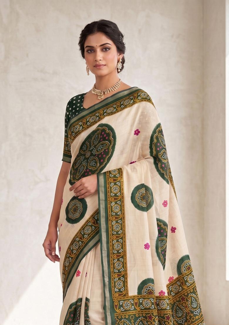 Green Printed Silk Blend Saree Set - Indya