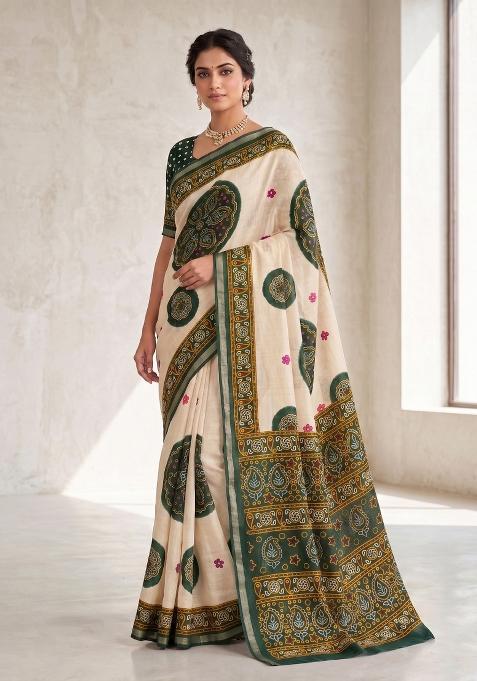 Green Printed Silk Blend Saree Set