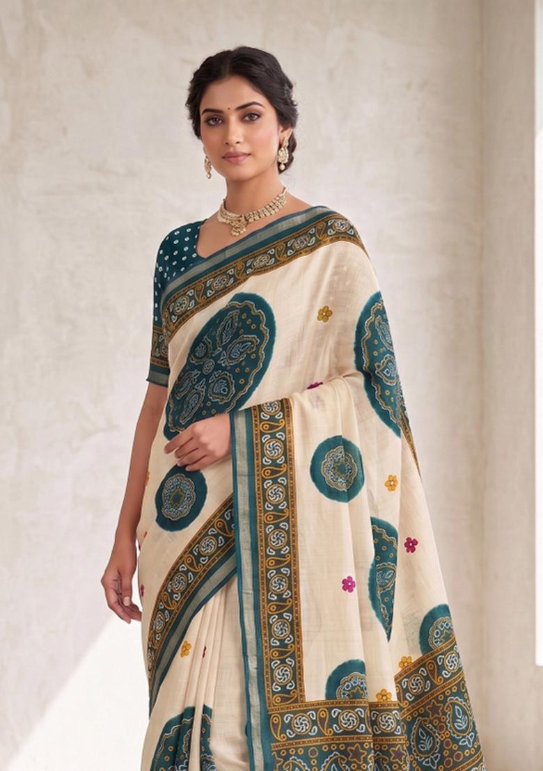 Morpeach Printed Silk Blend Saree Set - Indya