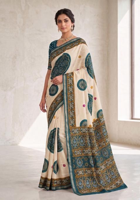 Morpeach Printed Silk Blend Saree Set