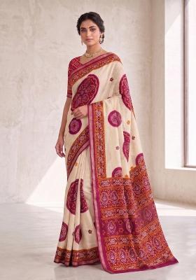 Pink Printed Silk Blend Saree Set