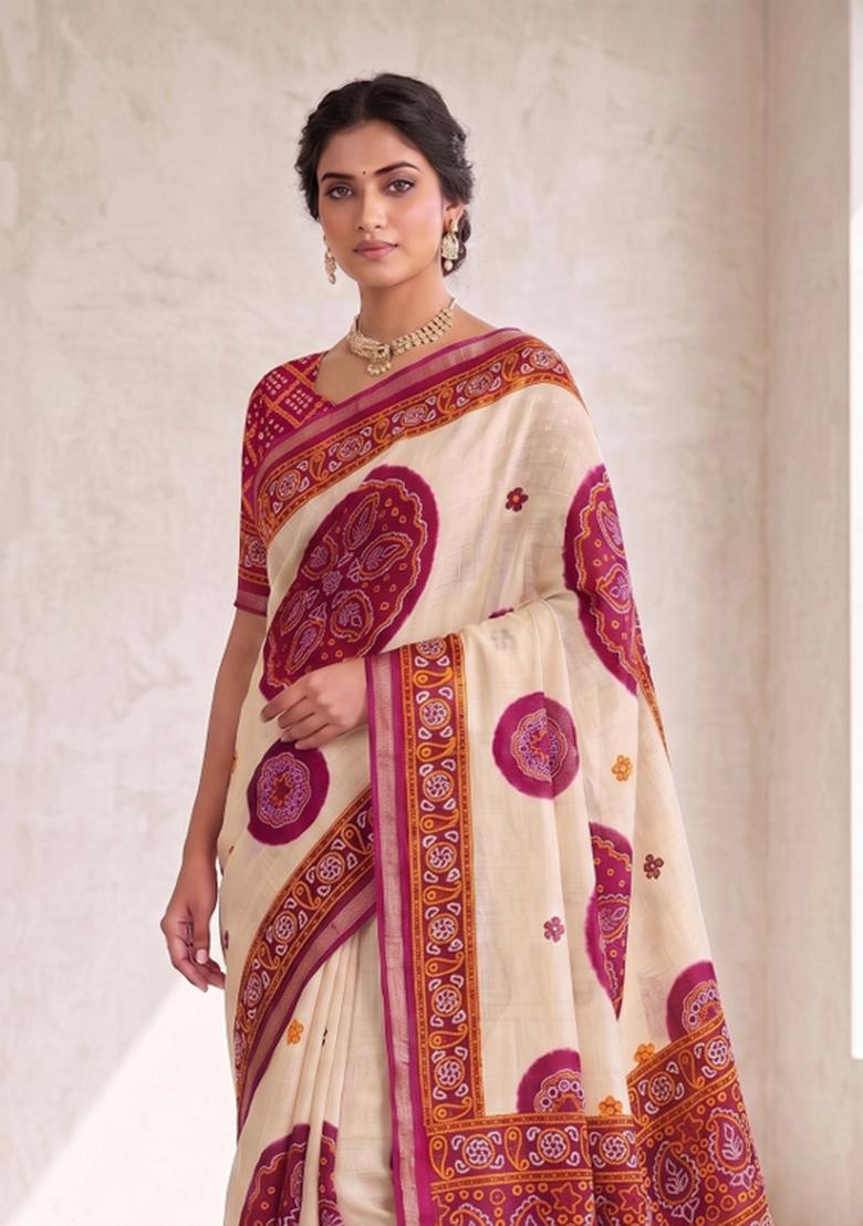 Pink Printed Silk Blend Saree Set - Indya