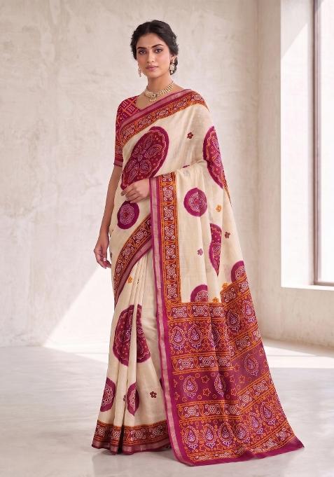 Pink Printed Silk Blend Saree Set