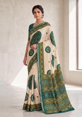 Rama Printed Silk Blend Saree Set