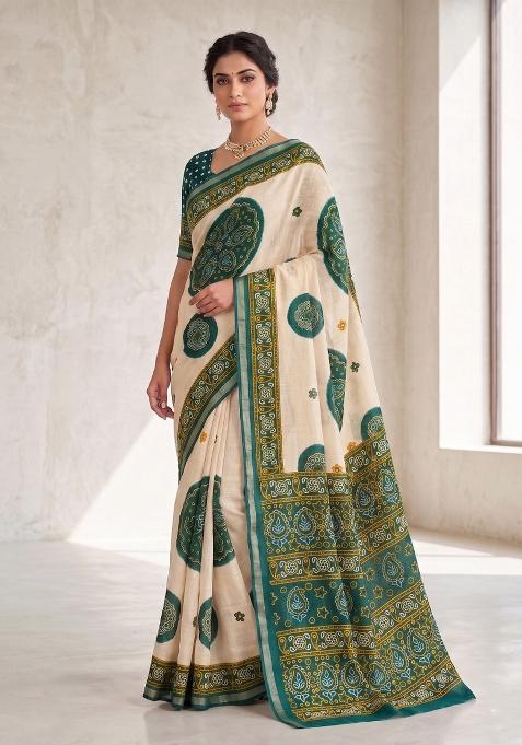 Rama Printed Silk Blend Saree Set