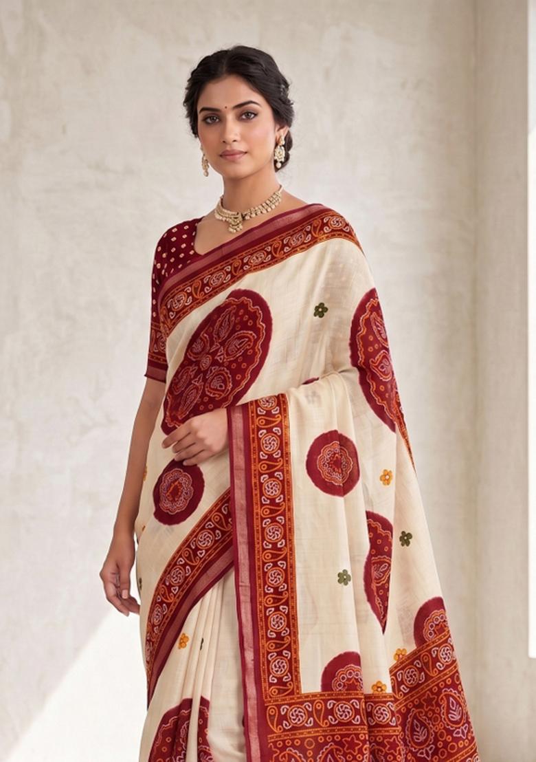 Red Printed Silk Blend Saree Set - Indya