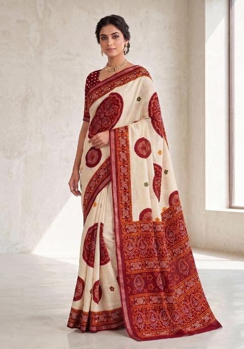 Red Printed Silk Saree Set