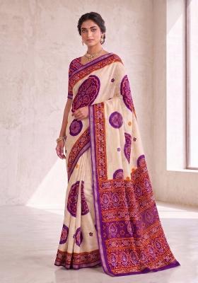 Violet Printed Silk Blend Saree Set
