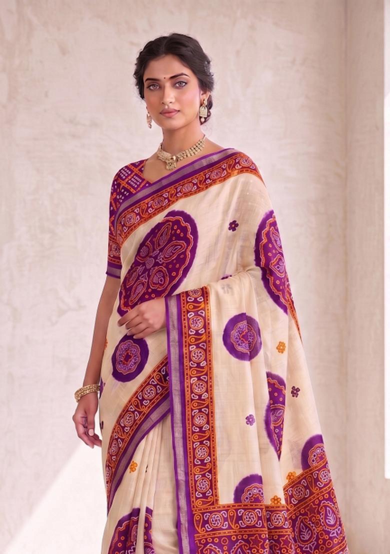 Violet Printed Silk Blend Saree Set - Indya