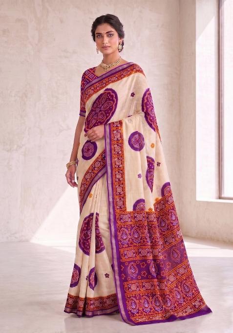 Violet Printed Silk Blend Saree Set