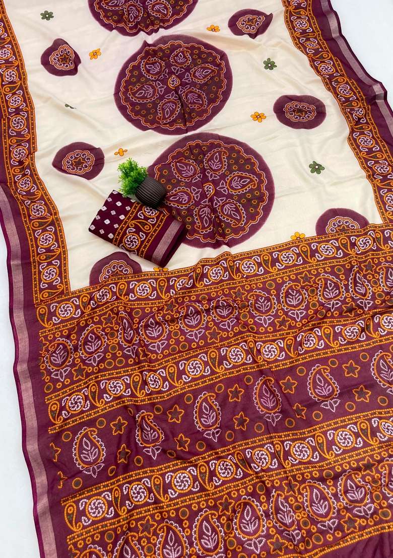 Wine Printed Silk Blend Saree Set for Diwali and Festive Wear - Indya