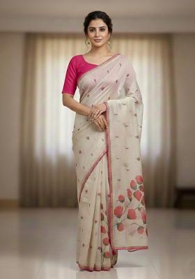 Cream Printed Cotton Saree Set