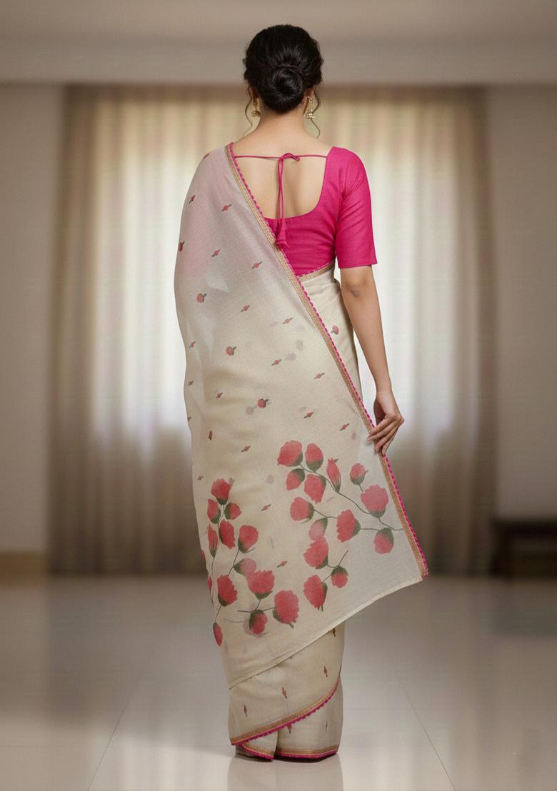 Cream Printed Cotton Saree Set - Indya