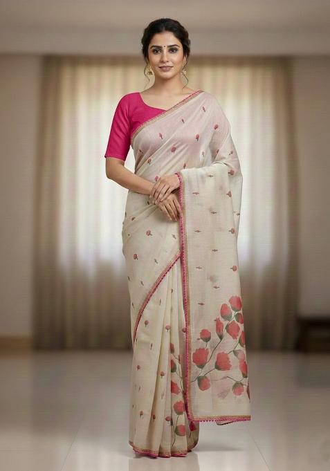 Cream Printed Cotton Saree Set