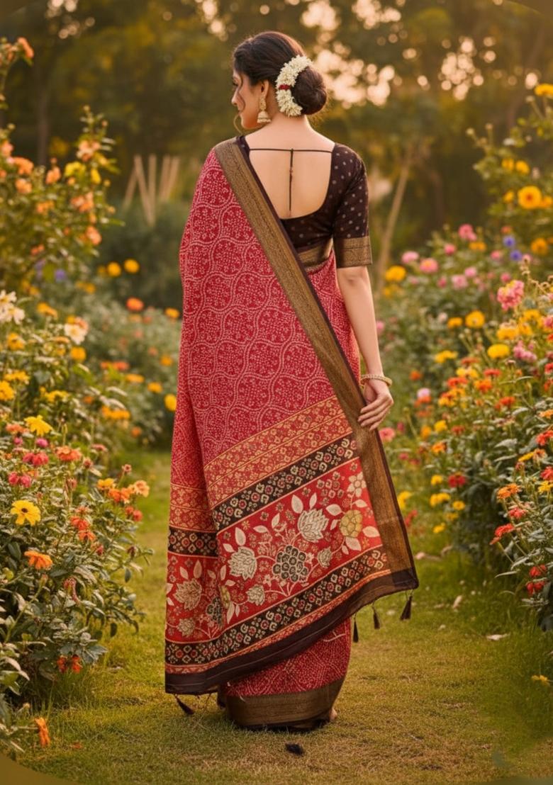 Red Printed Silk Blend Saree Set - Indya