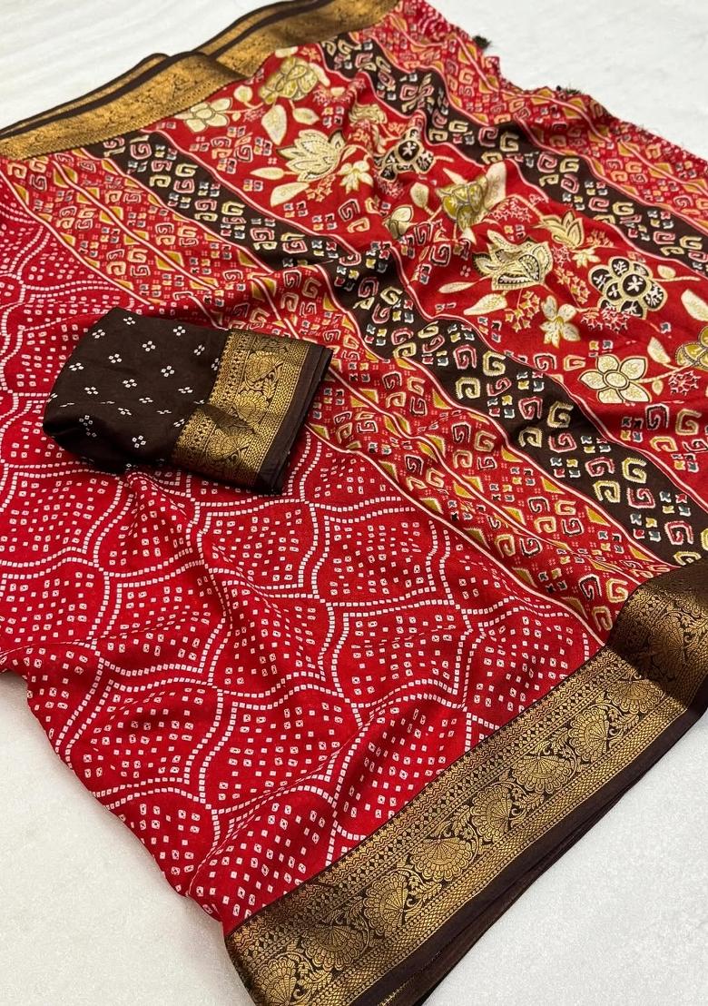 Red Printed Silk Blend Saree Set - Indya
