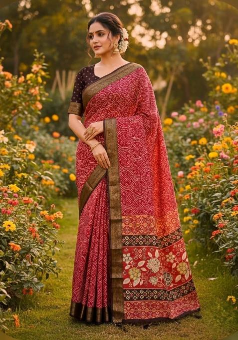Red Printed Silk Blend Saree Set