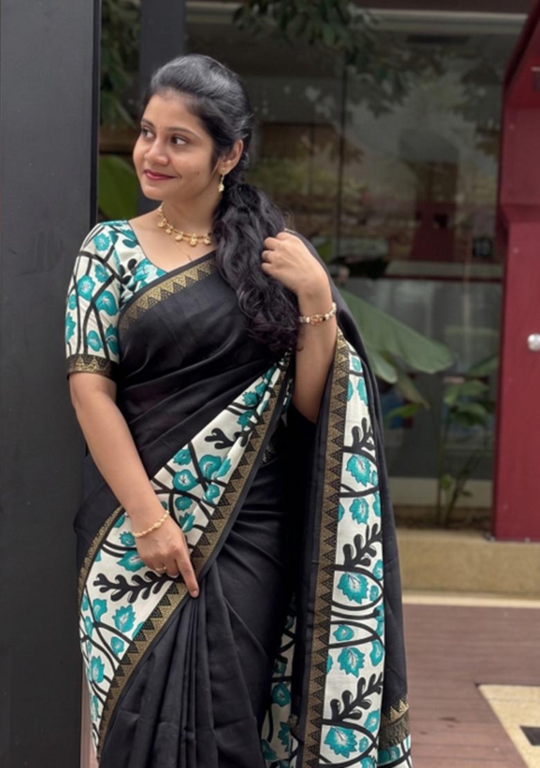 Black Printed Silk Blend Saree Set - Indya