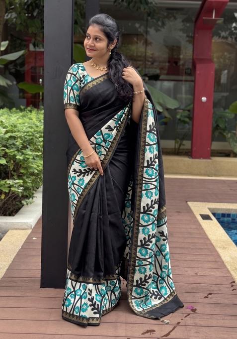 Black Printed Silk Blend Saree Set