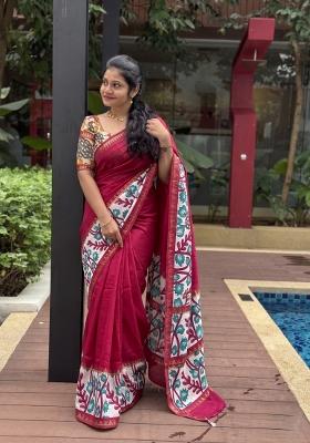 Rani Pink Printed Silk Blend Saree Set