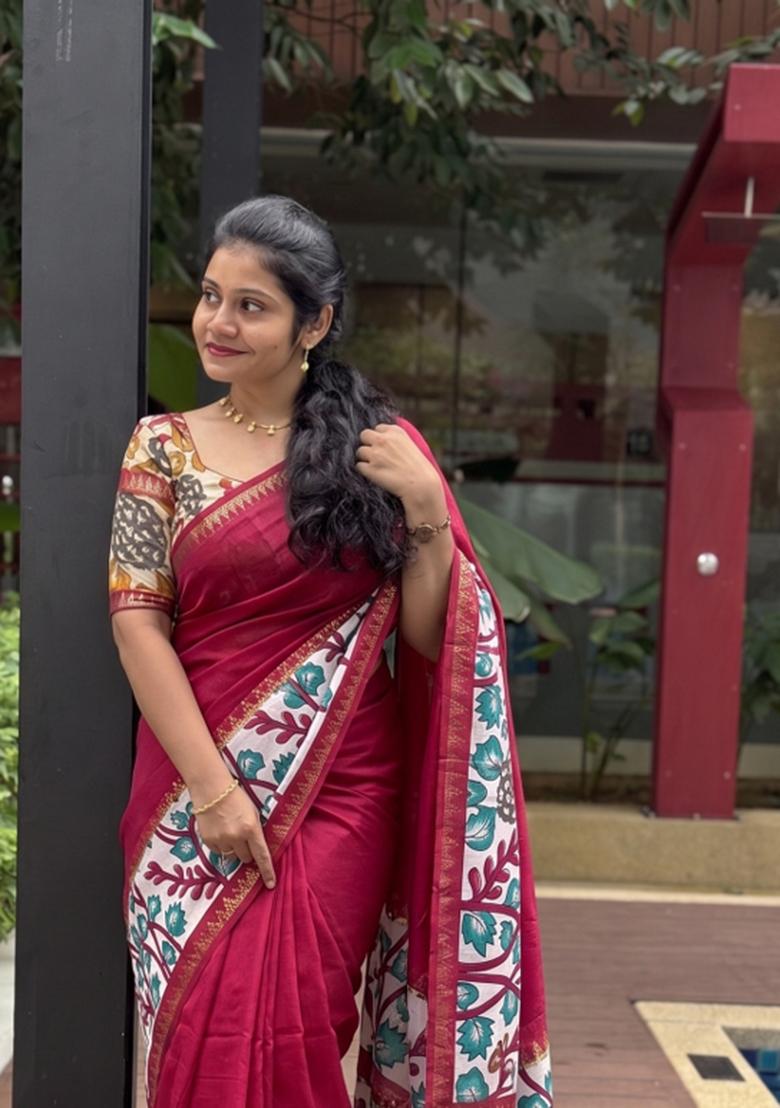 Rani Pink Printed Silk Blend Saree Set - Indya
