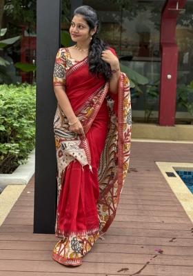 Red Printed Silk Blend Saree Set
