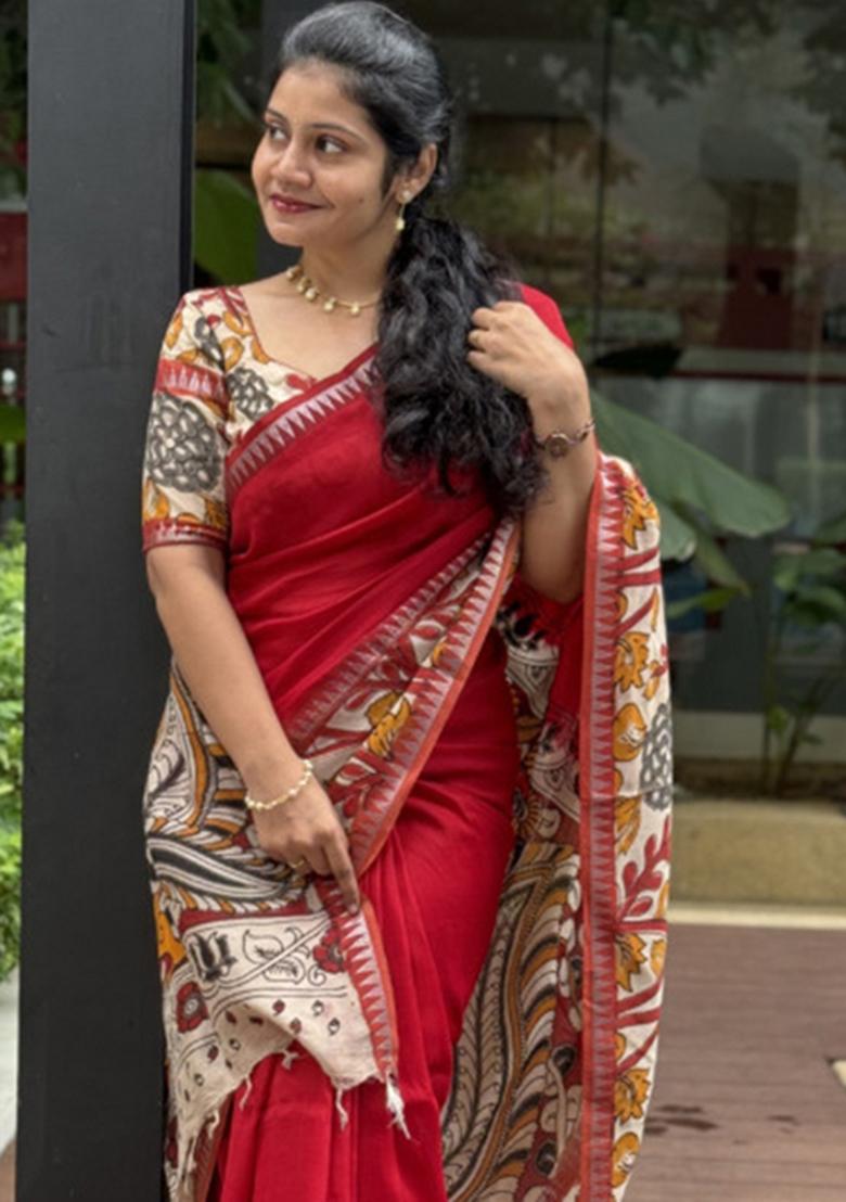 Red Printed Silk Blend Saree Set - Indya