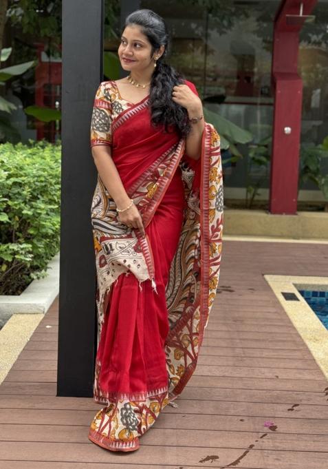 Red Printed Silk Saree Set