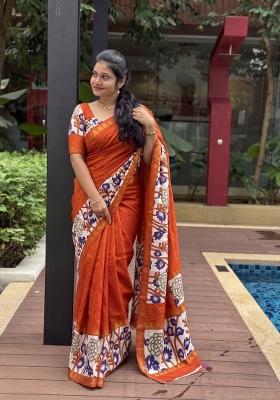 Rust Printed Silk Blend Saree Set